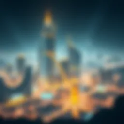 A digital representation of a futuristic city powered by blockchain technology.