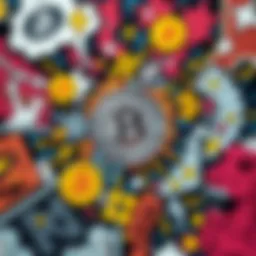 A stylized representation of cryptocurrency symbols intertwined with comic book imagery