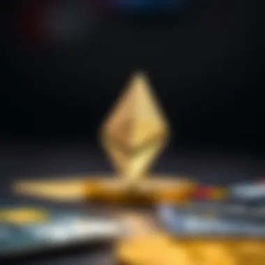 A digital representation of Ethereum symbol with credit cards