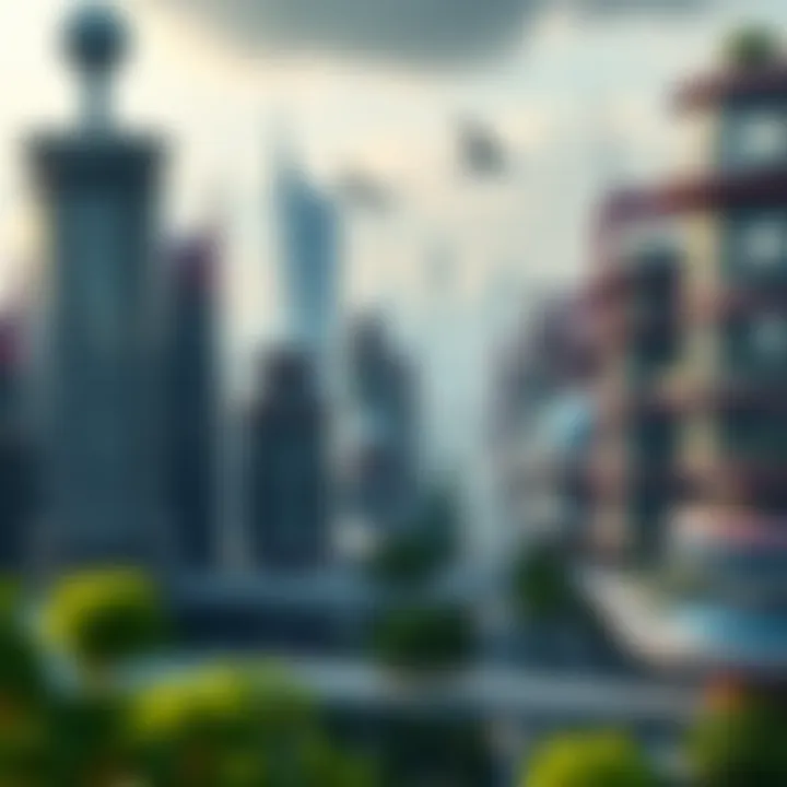 A futuristic cityscape showcasing eco-friendly initiatives and blockchain applications